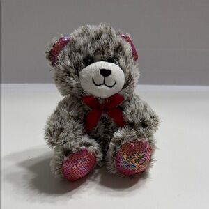 Adorable Gray and Pink Plush Bear with Red Bow